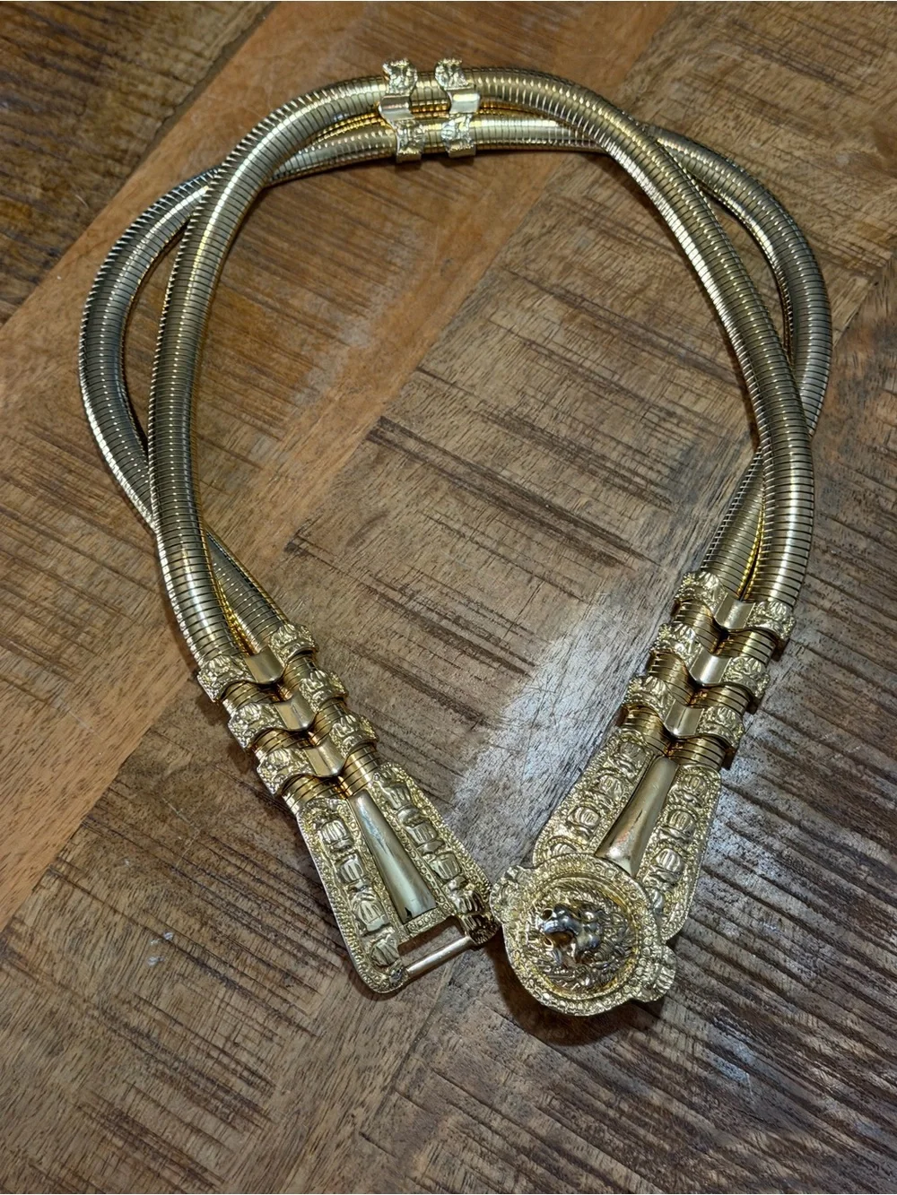 JUDITH LEIBER Luxury Vtg Gold Stretch Double Snake Statement Belt Lion Buckle